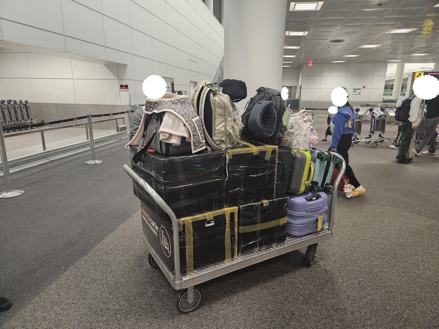 Moving boxes containing our belongings from Korea at Newark Airport